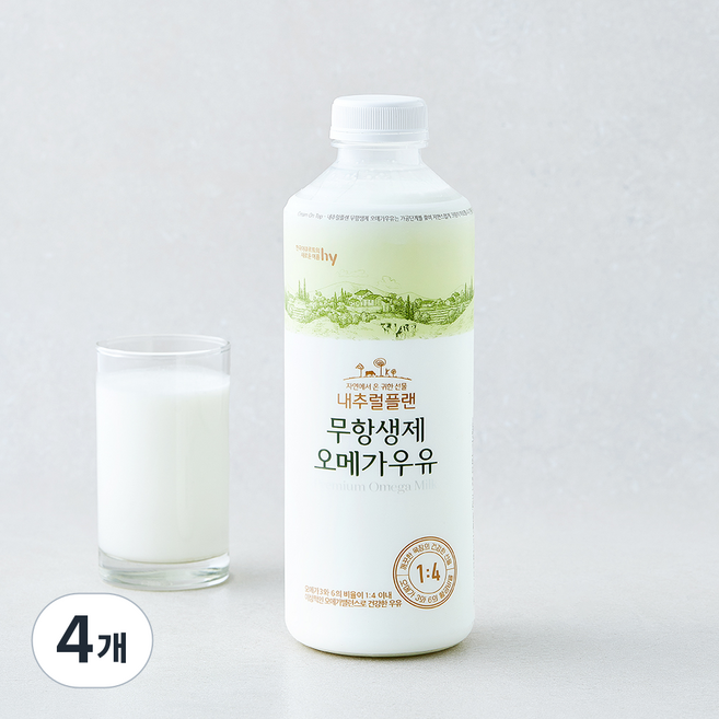 에치와이 무항생제 인증 내추럴플랜 오메가 우유, 4개, 930ml