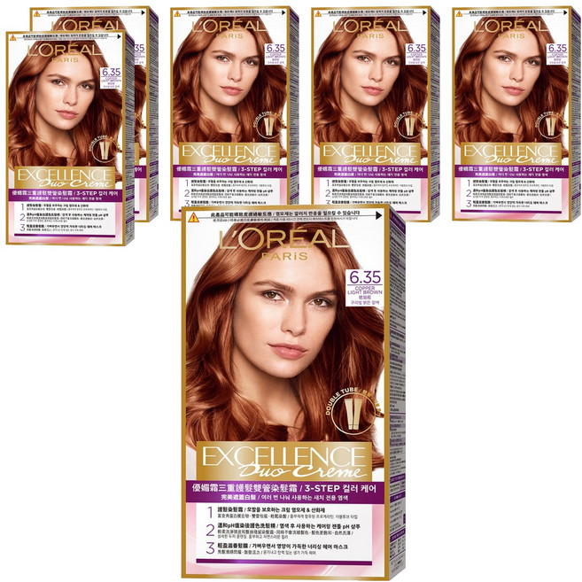로레알파리 엑셀랑스 듀오크림 나눠쓰는 새치염색 염모제, 6.35호 코퍼 라이트 브라운, 6개