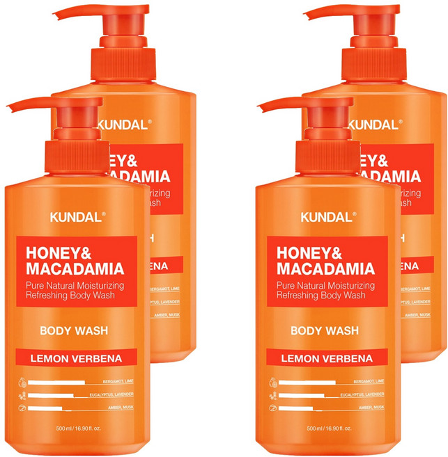 쿤달 허니 앤드 마카다미아 퓨어 바디워시 레몬버베나향, 500ml, 4개