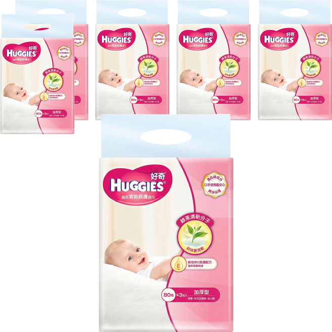 HUGGIES 好奇 天然綠茶清爽親膚嬰兒濕巾 加厚型 80張, 240張, 6袋