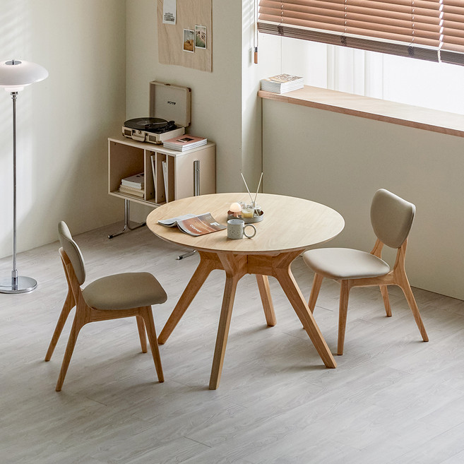 폴인퍼니 엘루 원형 원목 식탁 2인용 900 + 의자2p 세트 방문설치, 내추럴, 일반의자 2