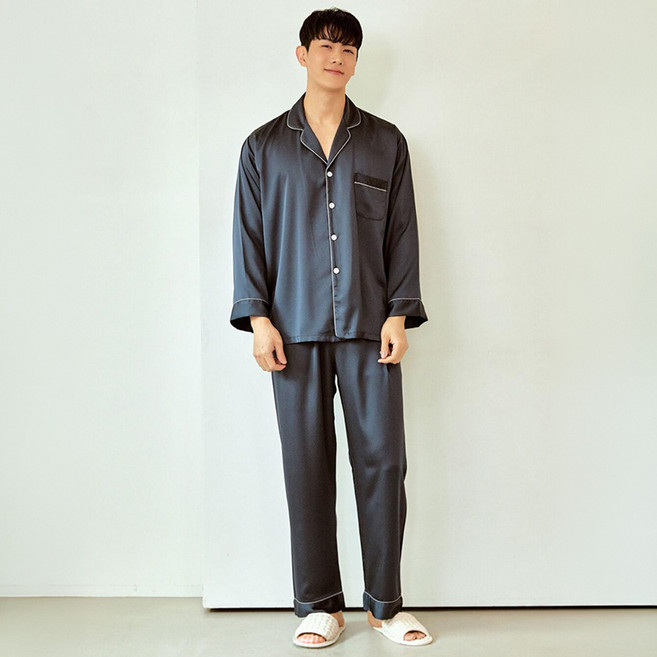 Lunaluz 男士 Amant 緞面長袖翻領兩件式睡衣