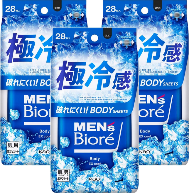 MEN's Biore 男性臉部身體兩用濕巾 超酷涼款 28片, 3包, 278ml