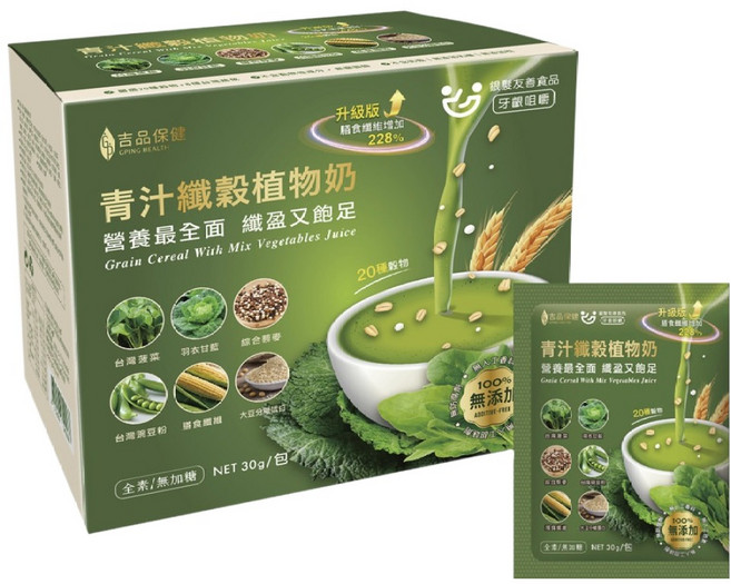 吉品保健 青汁纖穀植物奶 升級版, 30g, 12個裝, 1盒
