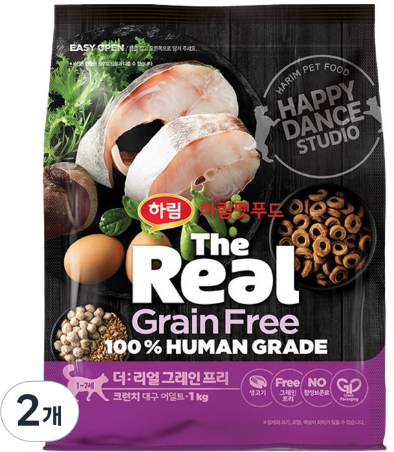 하림펫푸드 어덜트 더리얼 캣 그레인프리 크런치 건식사료, 대구, 1kg, 2개