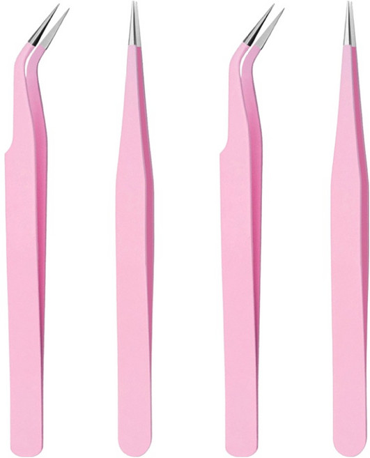 스티커 핀셋 정밀 다꾸 집게 일자형 0.9 x 11.4 cm 2p + 커브형 1.5 x 11.4 cm 2p 세트, 핑크, 1세트