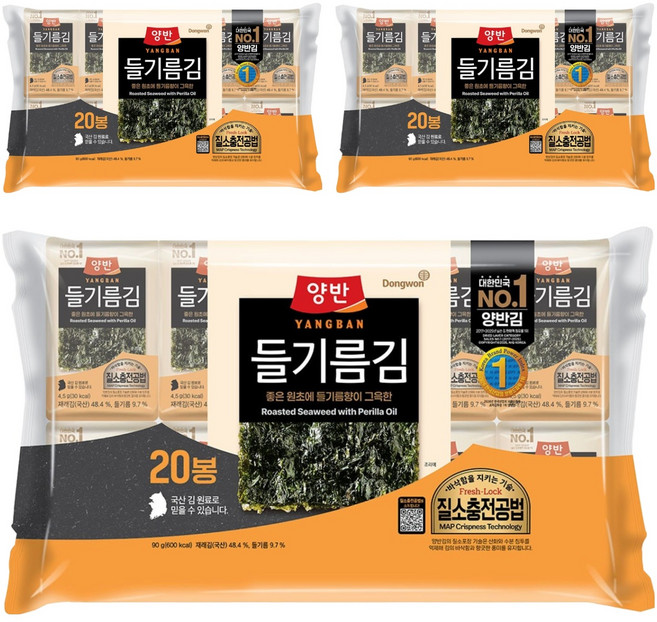 양반 들기름김, 90g, 3개