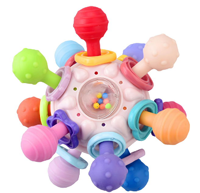OhBabyLaugh 刺激視覺發展 訓練寶寶聽覺 多型態啃咬點設計, 造型原子手抓球 + 收納盒, 粉紅色, 1個