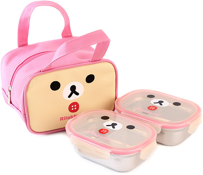 리락쿠마 이중 스텐 2단 얼굴 도시락 + 가방, 코리락아이보리, 1세트