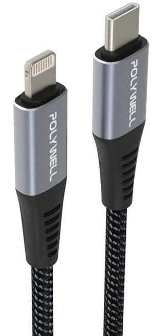 POLYWELL 寶利威爾 Type-C-Lightning 蘋果快充線 PW15-W45-M152, 2m, 鋁合金 黑色, 1條
