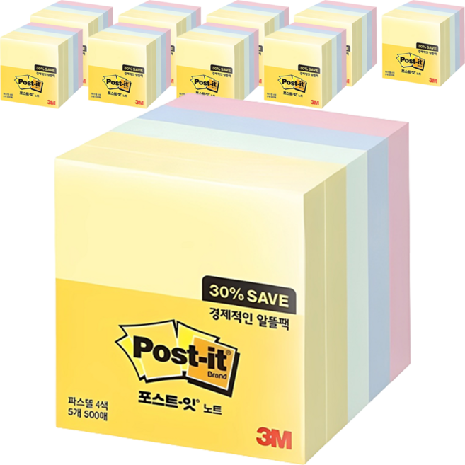포스트잇 노트 알뜰팩 76 x 76mm 654-5A, 혼합색상, 500매입, 10개