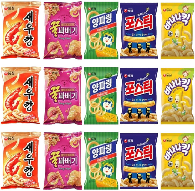 NONGSHIM 農心 零食組合, 蝦條 90g x 3包 + 蜂蜜麻花 90g x 3包 + 洋蔥圈 84g x 2包 + 薯條餅乾 84g x 2包 + 香蕉脆條 75g x 2包, 3套