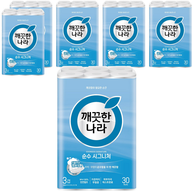 깨끗한나라 순수 시그니처 천연펄프 3겹 화장지, 30m, 30롤, 6개