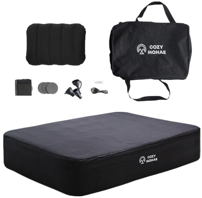 COZYMOHAE 露營自動充氣床墊 + 枕頭套組, 黑色