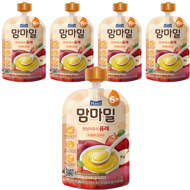 맘마밀 안심 이유식 퓨레 6개월부터, 100g, 5개, 사과와 고구마