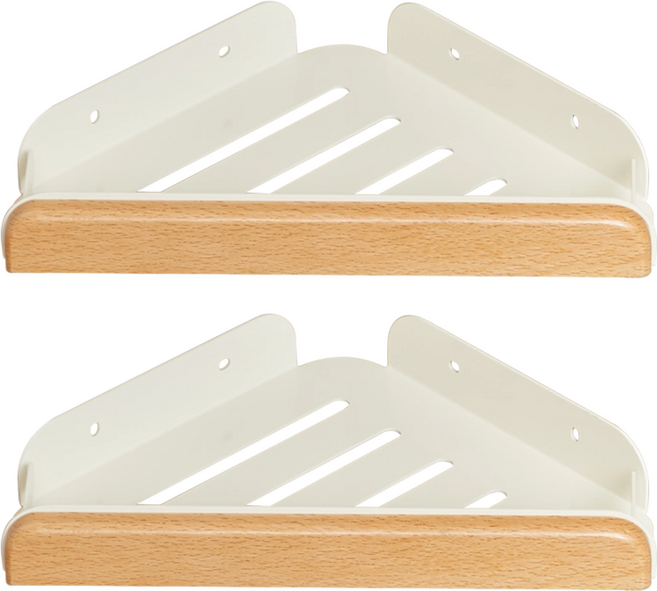 沐慕家居 免釘浴室廚房實木收納架 牆壁置物架, 平面三角款, 2個