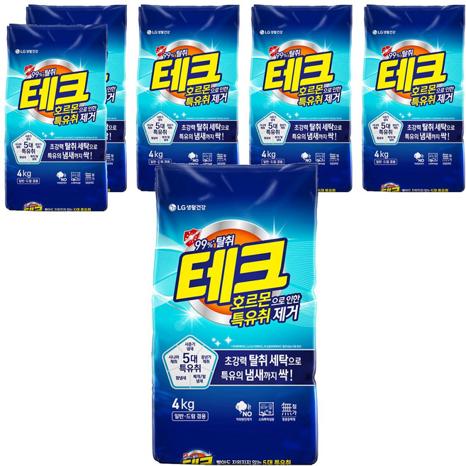 테크 호르몬으로 인한 특유취 제거 분말세제 리필, 4kg, 6개