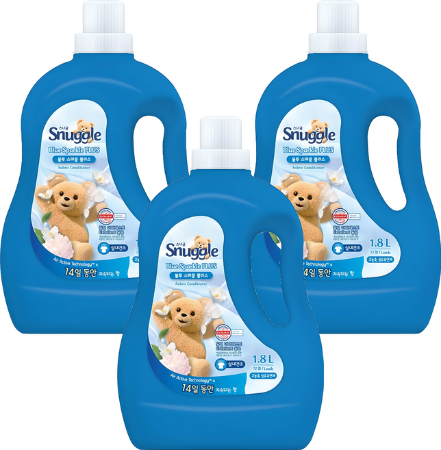 스너글 섬유유연제 블루스파클 플러스 본품, 1.8L, 3개