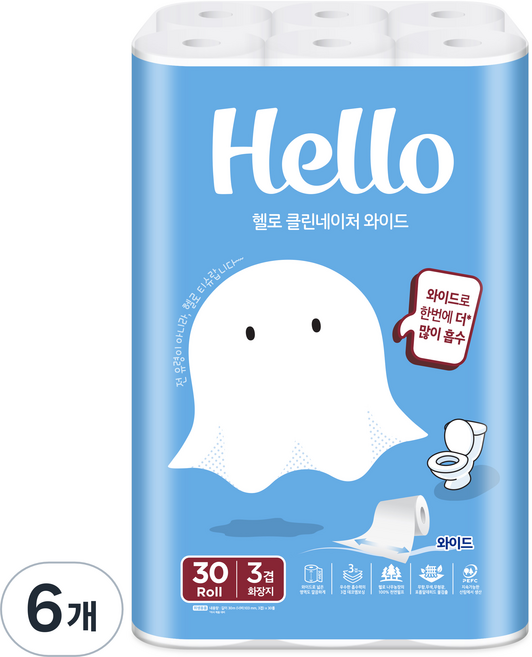 헬로 클린네이처 천연펄프 3겹 와이드 롤화장지, 30m, 30개입, 6개