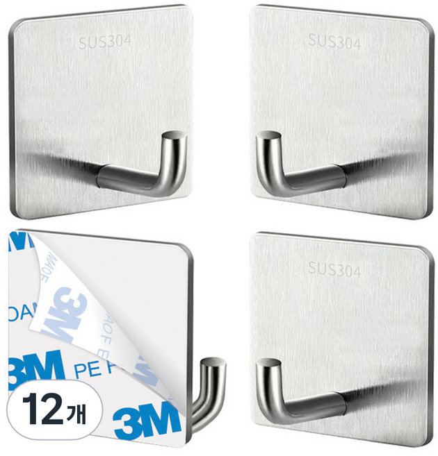 TheLiving 다용도 304스테인레스 접착식 고리형 사각 후크, 스틸, 12개
