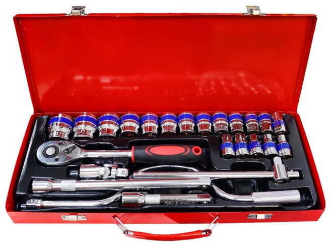 高級烤漆鐵盒 套筒工具組 六角套筒 4分 U44U44 24個, 1組