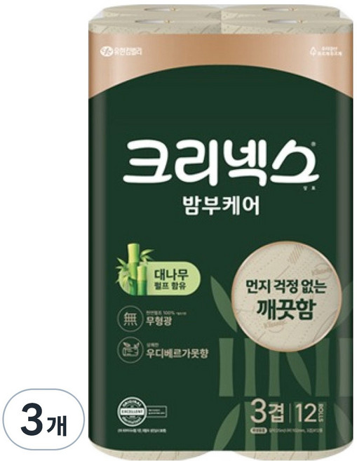 크리넥스 3겹 밤부케어 화장지, 25m, 12개입, 3개