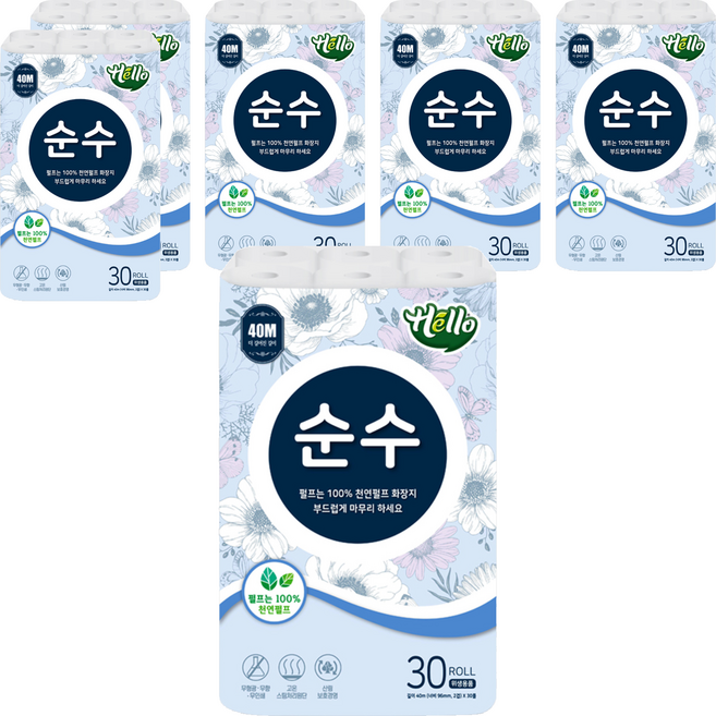 헬로 순수 천연펄프 2겹 롤화장지, 40m, 30개입, 6개