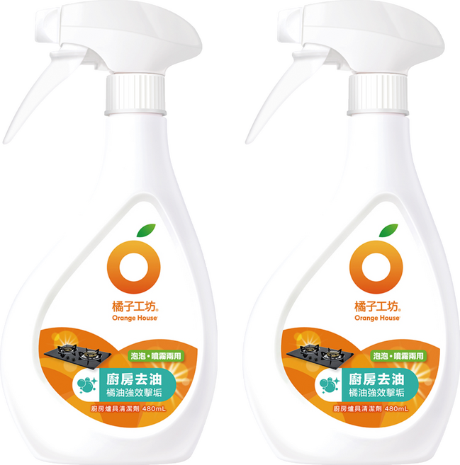 Orange House 橘子工坊 天然廚房爐具專用清潔劑 兩用噴槍頭, 480ml, 2瓶