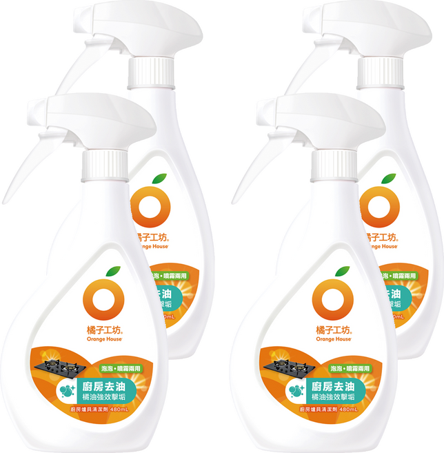 Orange House 橘子工坊 天然廚房爐具專用清潔劑 兩用噴槍頭, 480ml, 4瓶
