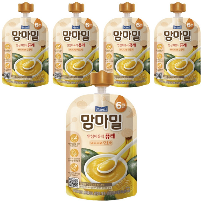 맘마밀 안심 이유식 퓨레 6개월부터, 바나나와 단호박, 100g, 5개
