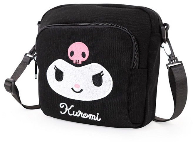 Kiiwi O 刺繡斜背小方包 kuromi 大臉 提帶84~155cm 150g, 黑色, 1個