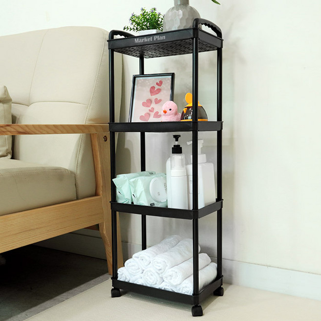 마켓플랜 이동식 카트 스퀘어 선반 트롤리, 블랙, 4단