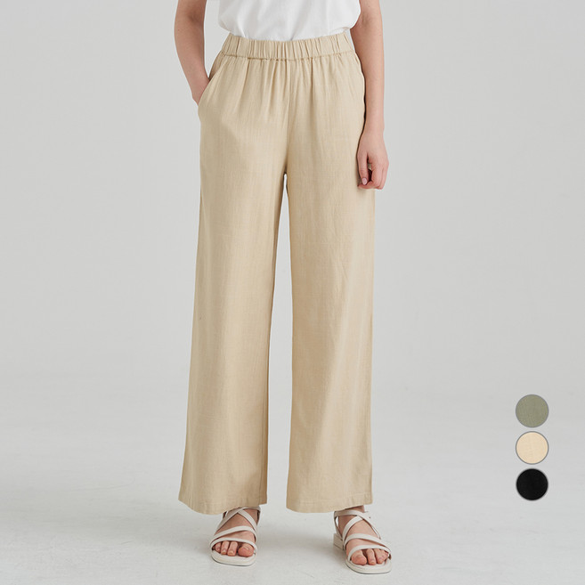 ELLE PARIS 여성용 린넨 와이드 스트레이트 이지 밴딩 팬츠