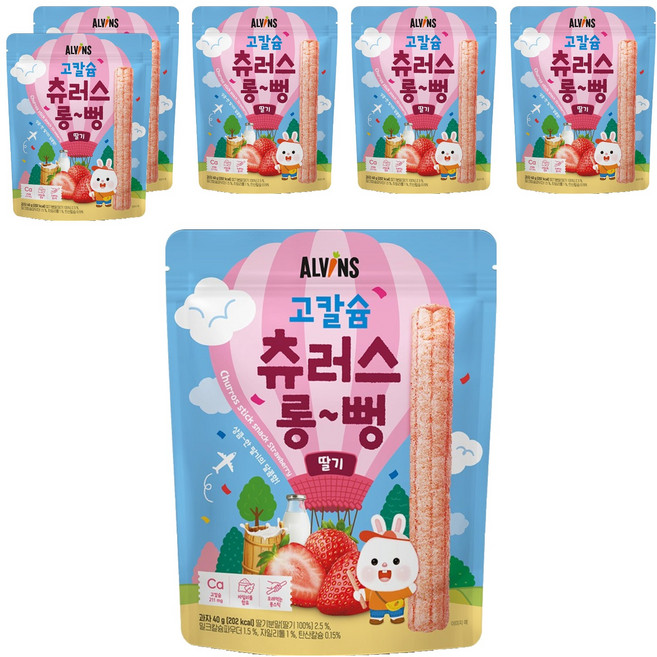 엘빈즈 유아용 고칼슘 츄러스 롱뻥, 딸기맛, 40g, 6개