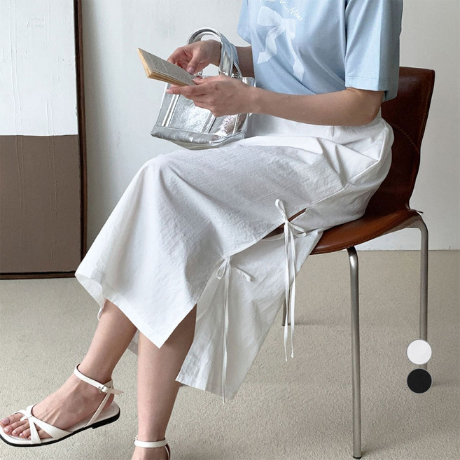 아피나르 여성용 리본 디테일 바스락 여름 롱 스커트