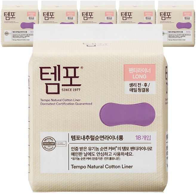 템포 내추럴 순면 팬티라이너, 롱, 18개입, 6개