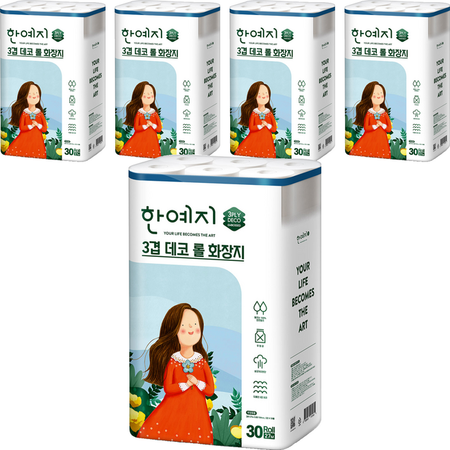 한예지 3겹 데코 롤 천연펄프 고급롤화장지, 27m, 30롤, 5개