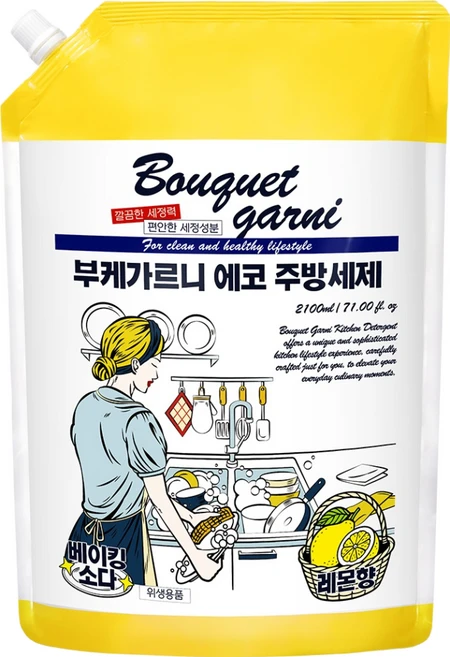 부케가르니 에코 주방세제 레몬향 리필, 2.1L, 1개 - 쿠팡