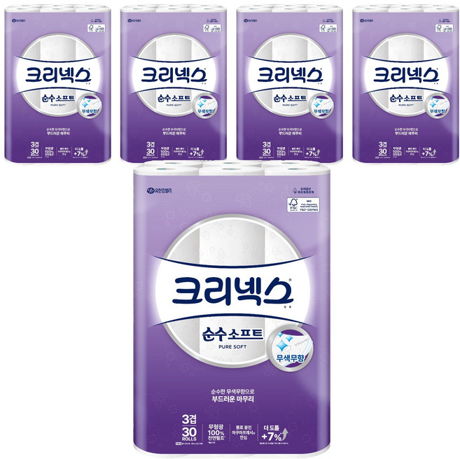 크리넥스 3겹 순수 소프트 천연펄프 롤화장지, 30m, 30개입, 5개