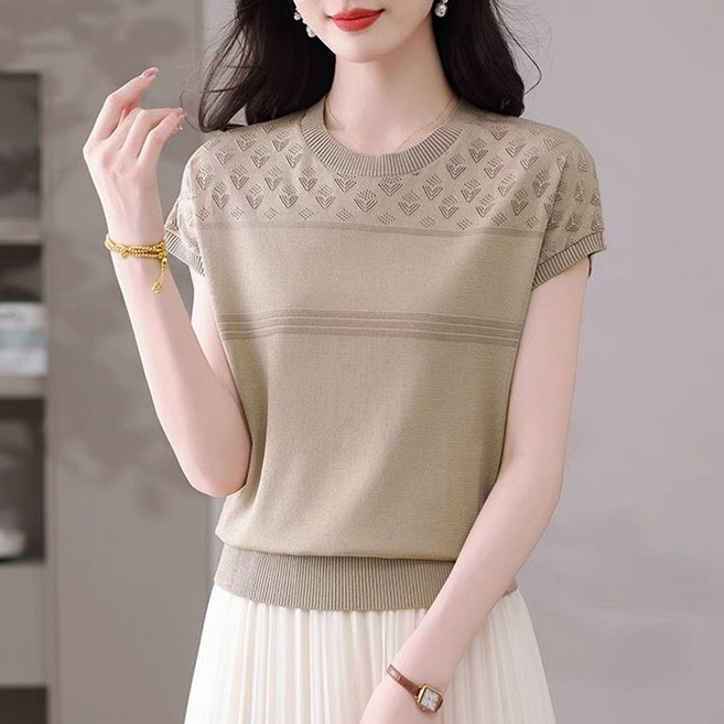 Moirbella 女款簡約圖案短袖針織衫 O263-0184