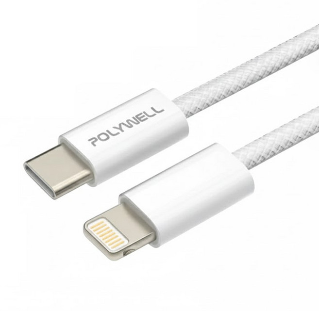 POLYWELL 寶利威爾 Type-C To Lightning 編織快充線 PW15-W45-M924, 2m, 灰白色, 1條