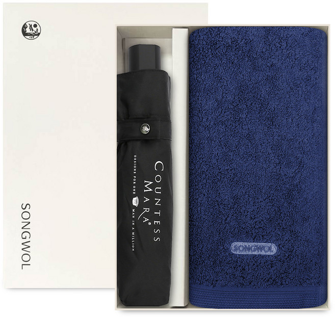 송월타올 컴포트 그라운드 세면타월 200g 코마사 + CM 3단 폰지 우산 선물세트, 블루(세면타월), 블랙(우산), 2세트