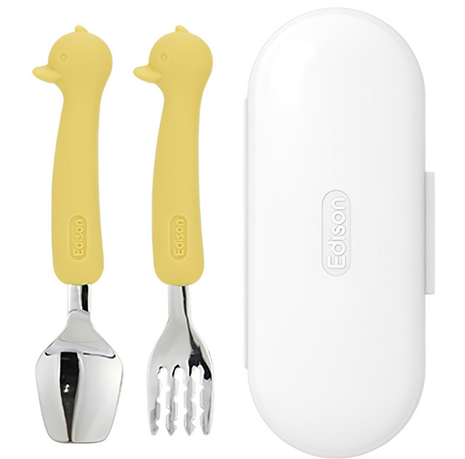 에디슨 유아 실리콘 스푼 포크 케이스 세트, 오리옐로우, 스푼 + 포크 + 케이스, 1세트