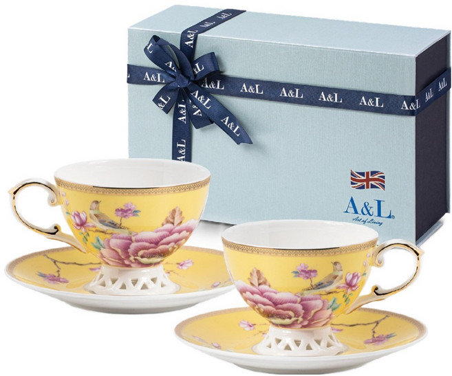 A&L 骨瓷咖啡對杯禮盒組, 花樣春曉 黃色, 1組