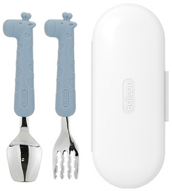 에디슨 실리콘 스푼 포크 케이스 세트 베이비, 기린블루, 스푼 + 포크 + 케이스, 1세트