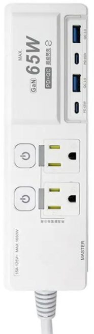 Palladium 帕拉丁 65W 3開4插氮化鎵延長線 PD+QC 3.0 快充 過載自動斷電 防雷突波保護, 白色, 1條, 1.8m
