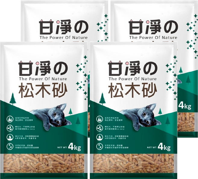 甘淨 貓砂 紮實不易碎 崩解速度快, 4kg, 4袋, 松木