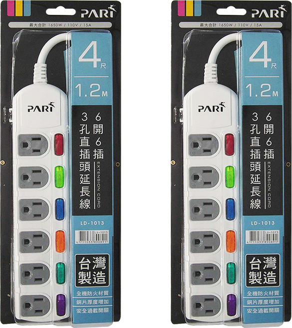 PARI 派睿 6開6插 直插頭延長線 3孔, 1.2m, 白色, 2條