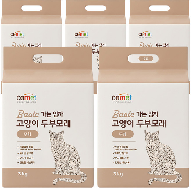 코멧 베이직 가는 입자 고양이 두부모래 10L, 3kg, 5개, 무향