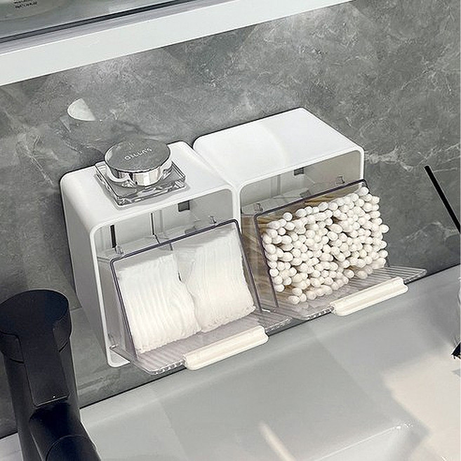 MF스토어 무타공 심플 다용도 부착식 미니 면봉 화장솜 수납 케이스, 투명 화이트, 4개